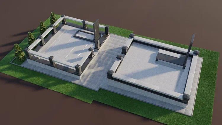 Мемориальный комплекс с высоким памятником и архитектурными колоннами