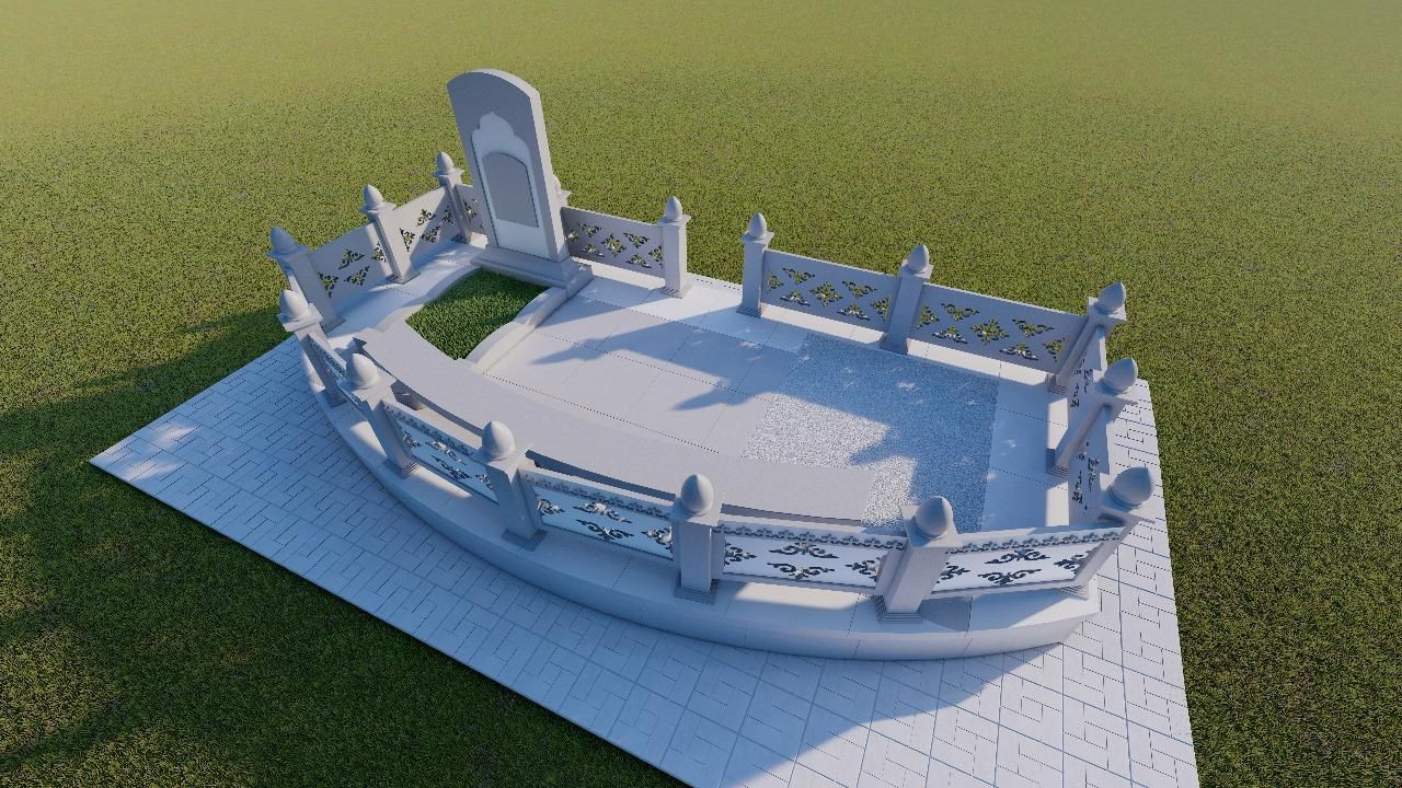 Мемориальный комплекс с арочным памятником и изогнутой оградой с резными орнаментами